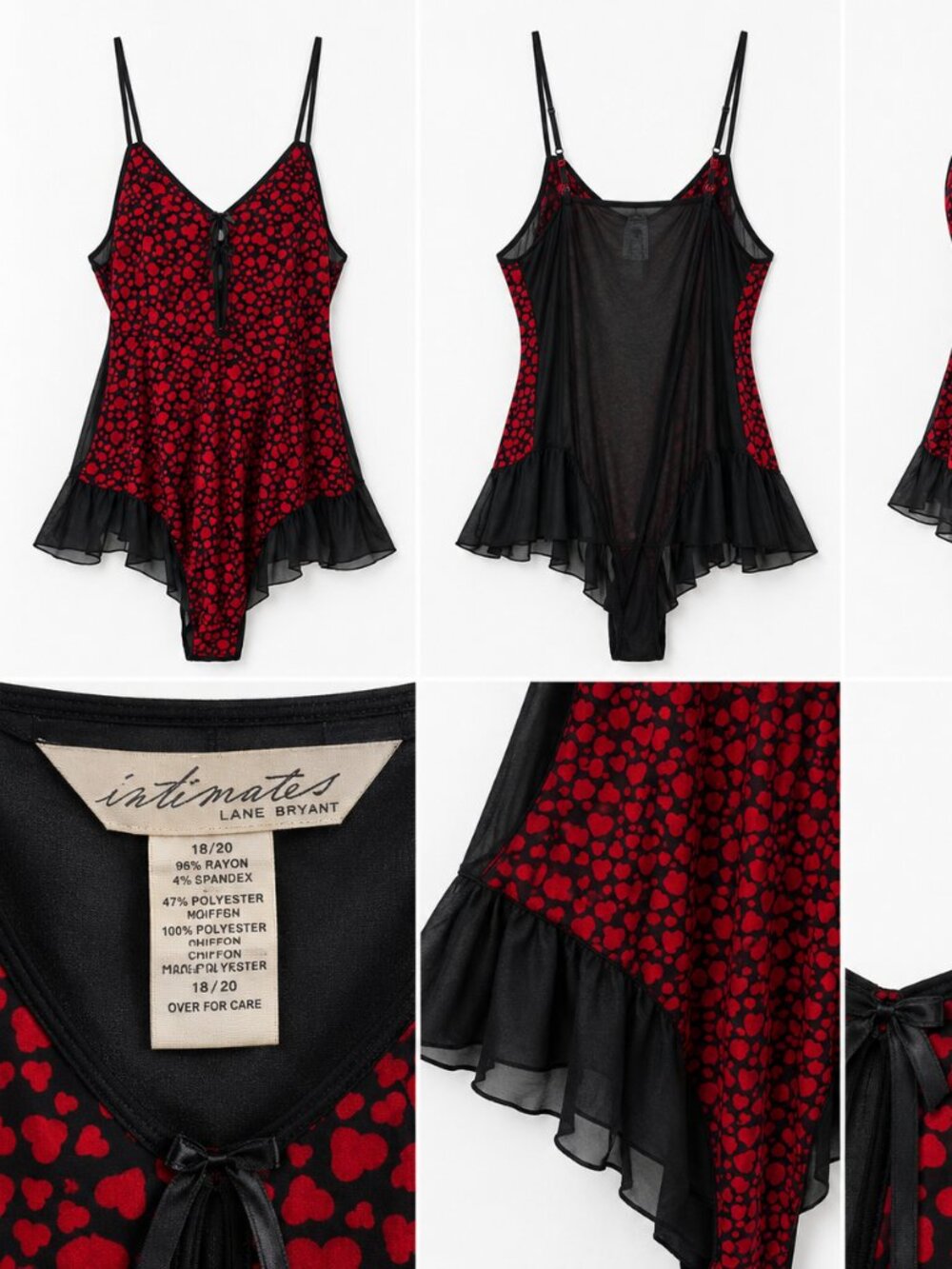 Vintage Lane Bryant Intimates 18/20 Red Black Heart Teddy Bodysuit Lingerie...